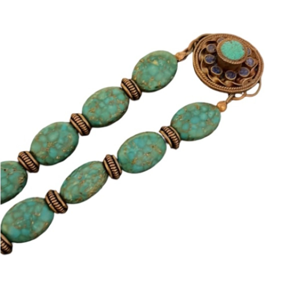 Antique Victorian Turkish Bronze Work w Turquoise Stone Beaded Mermaid Necklace - Picture 9 of 11